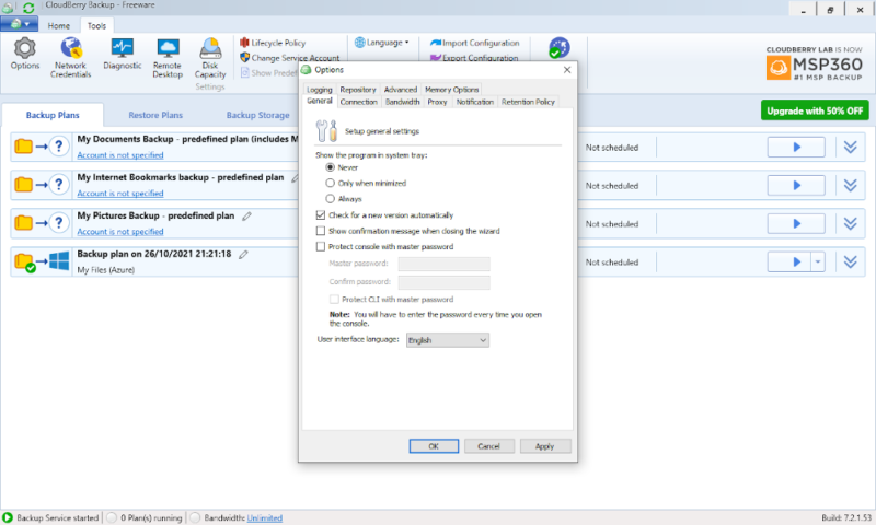 cloudberry backup option menu
