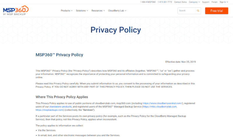 cloudberry backup privacy policy