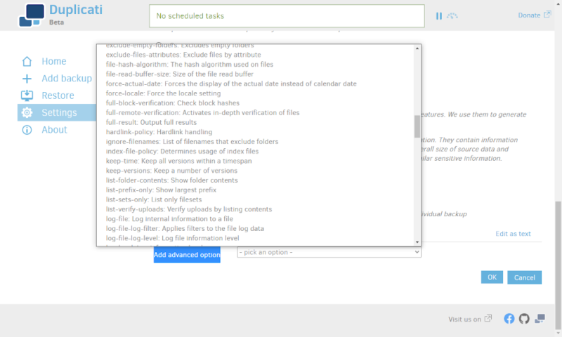 duplicati review advanced options