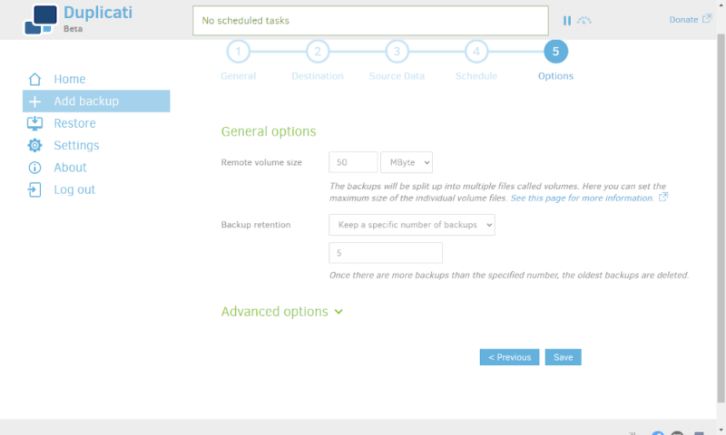 duplicati review backup steps options