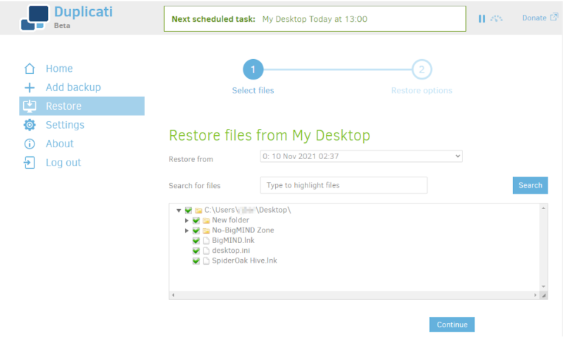duplicati review recovery steps select files