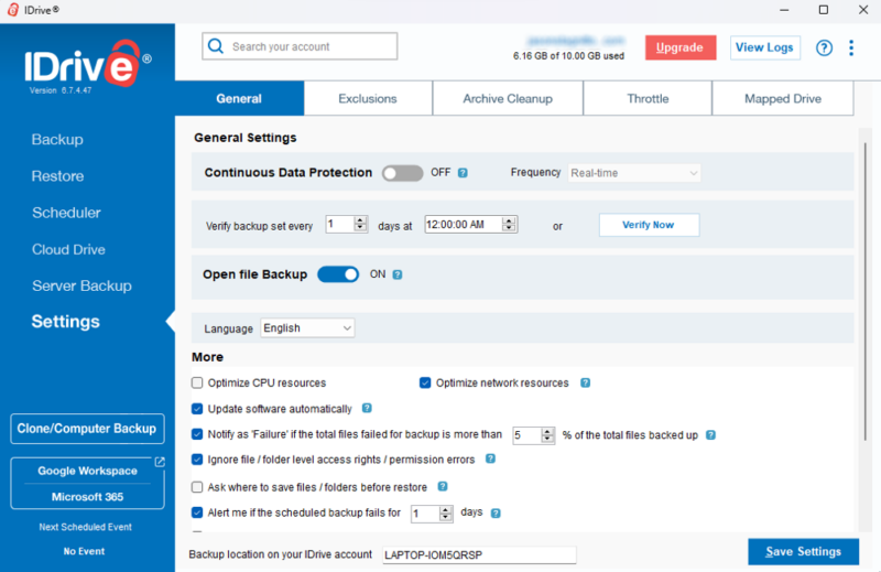 idrive desktop settings