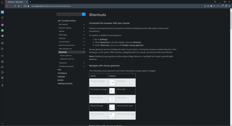 opera shortcuts