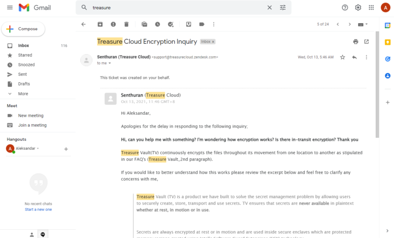 treasure cloud email support