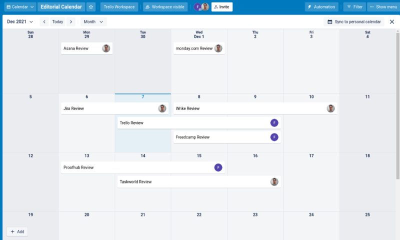 trello cost calendar