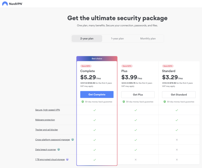 NordVPN pricing security package