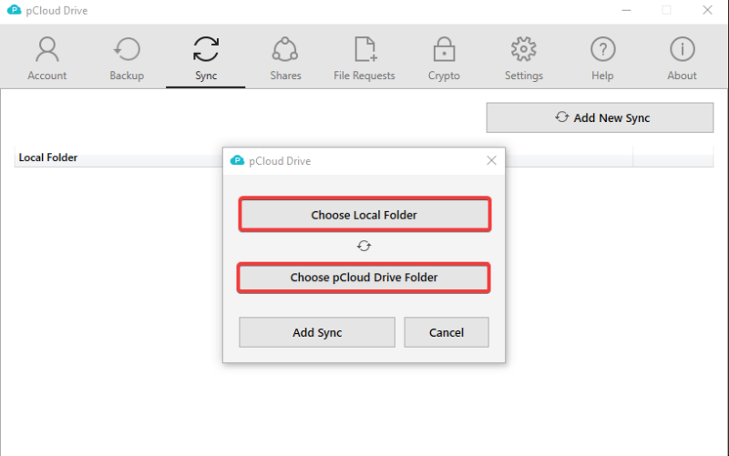 pcloud add new sync page
