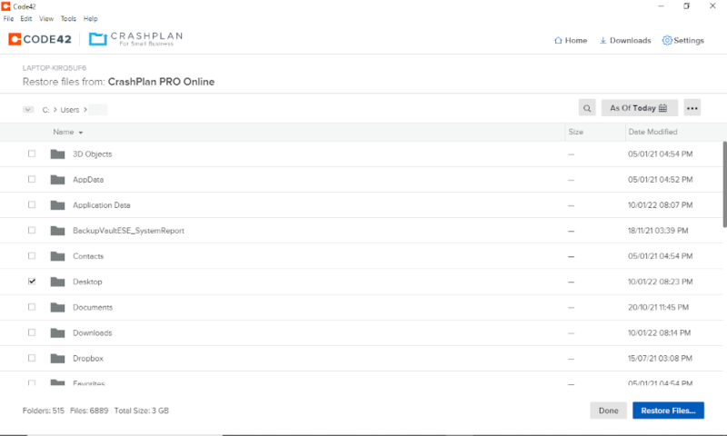 review crashplan choose files to restore