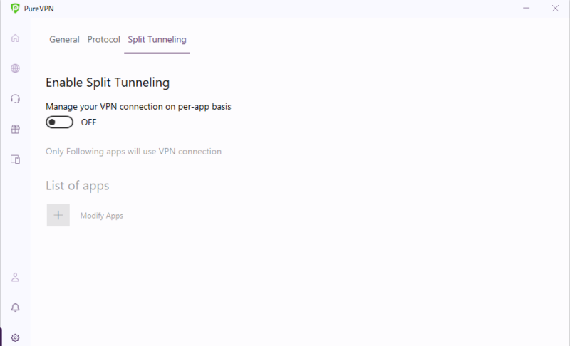 PureVPN split tunneling