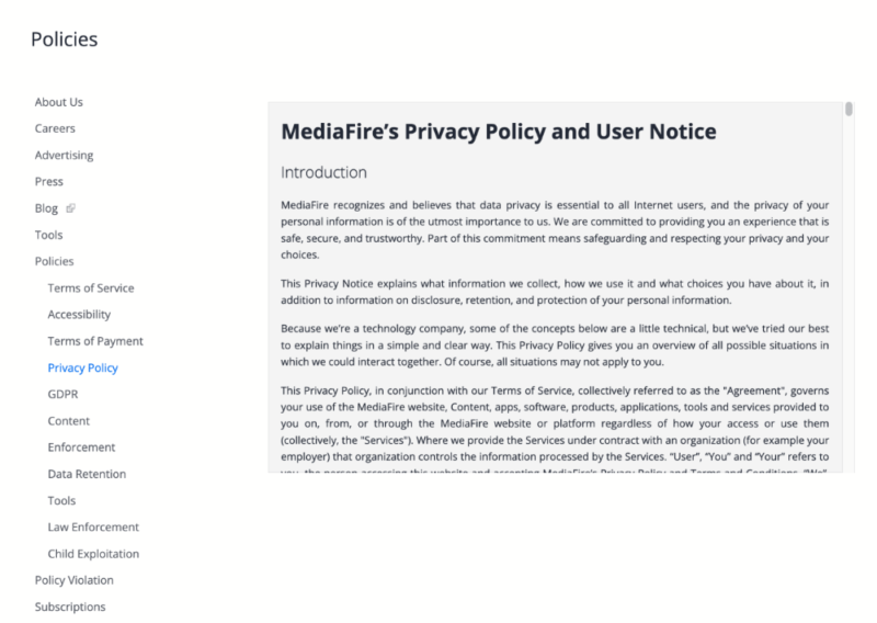 privacy policy mediafire