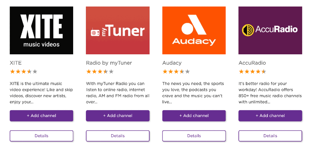 a selection of radio station channels on roku