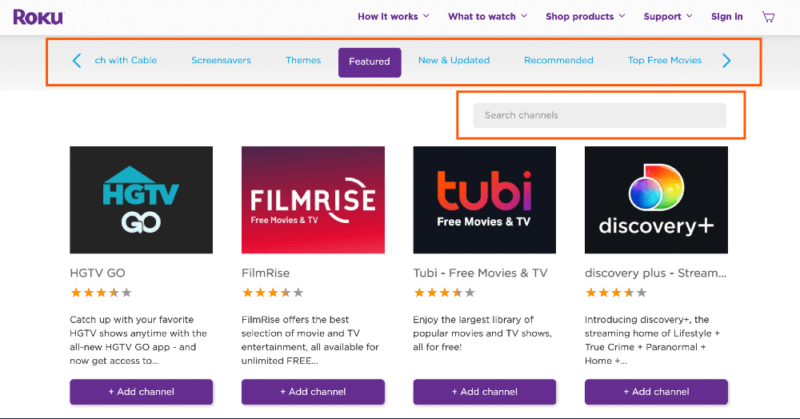 roku channel store search feature