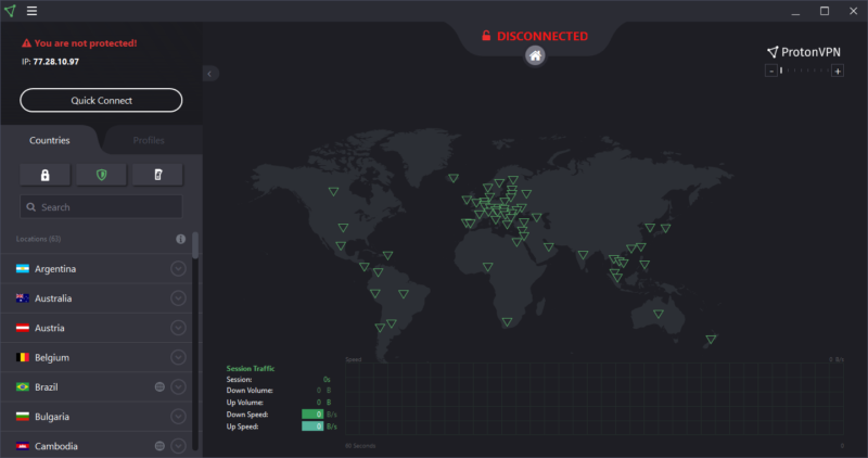 protonvpn home screen