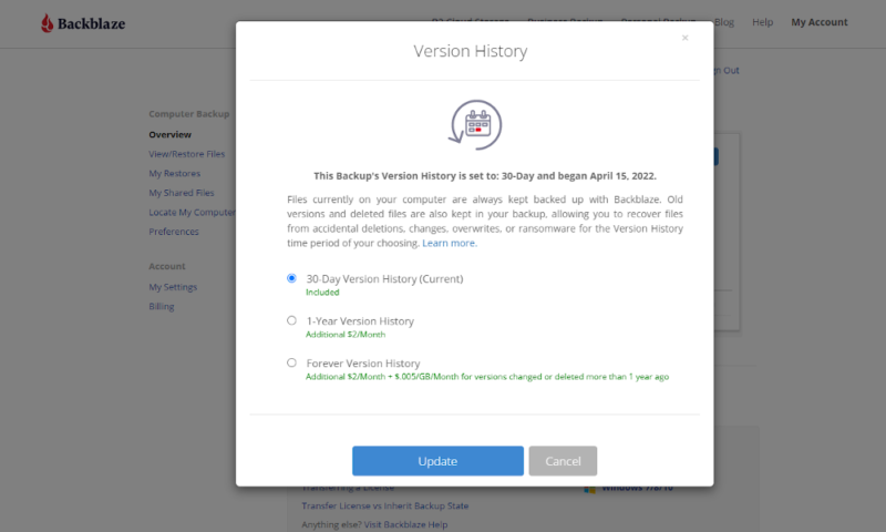 versioning backup backblaze file history