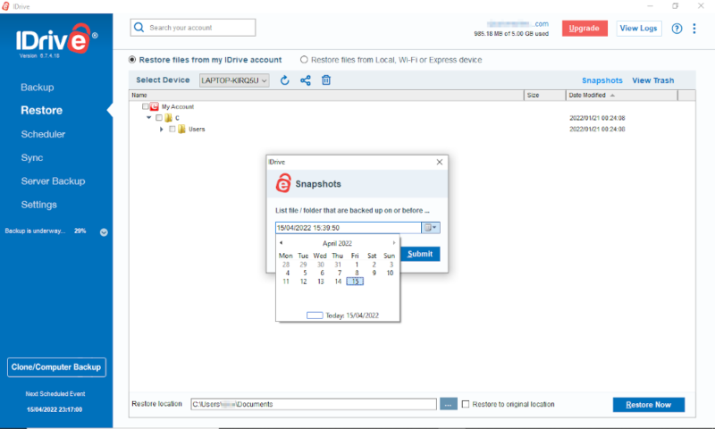 versioning backup idrive file history