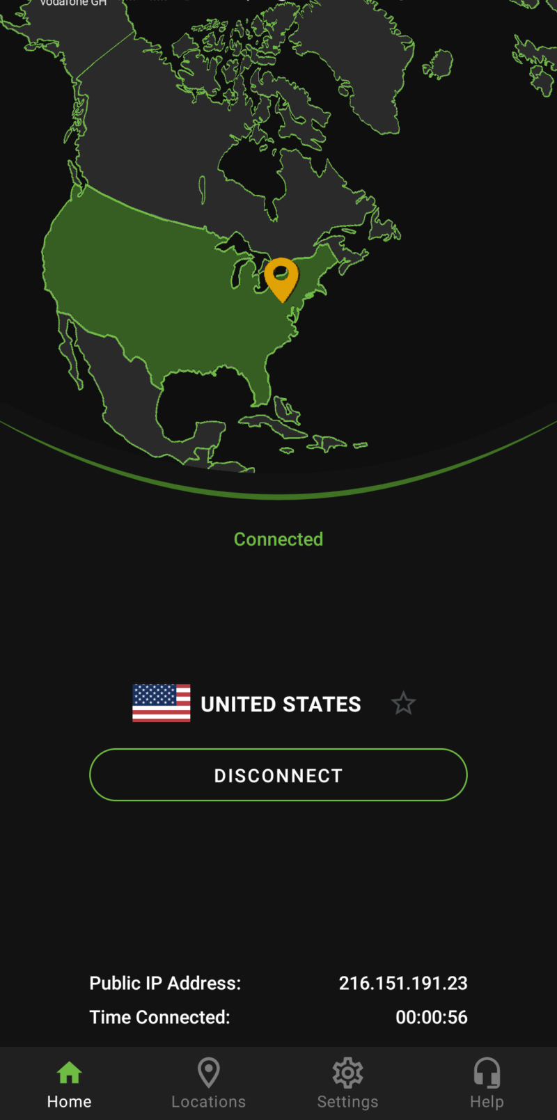 IPVanish app view connecting to a server in the USA