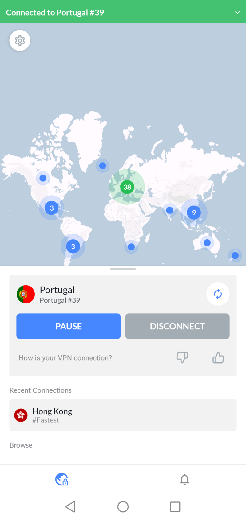 Nord VPN app connecting to a server in Portugal