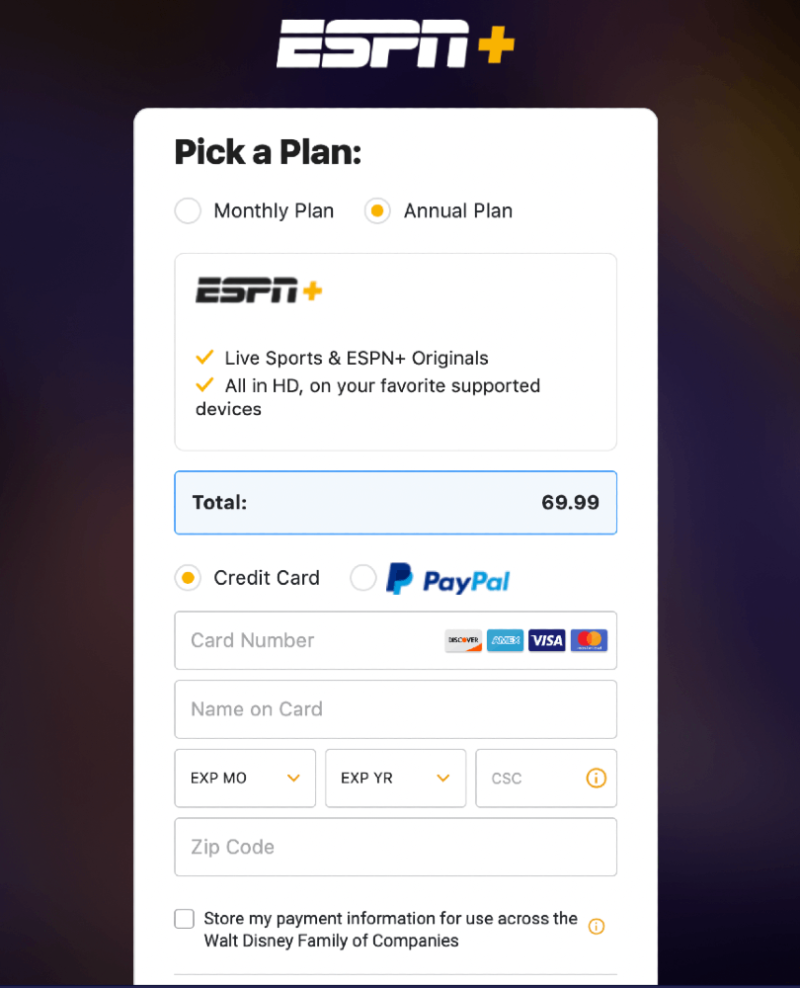 how to watch espn plus payment