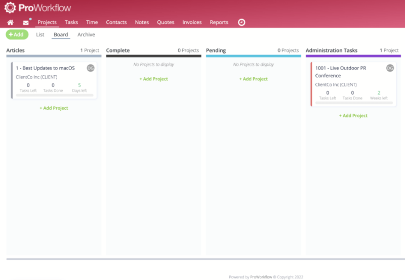 ProWorkflow kanban board