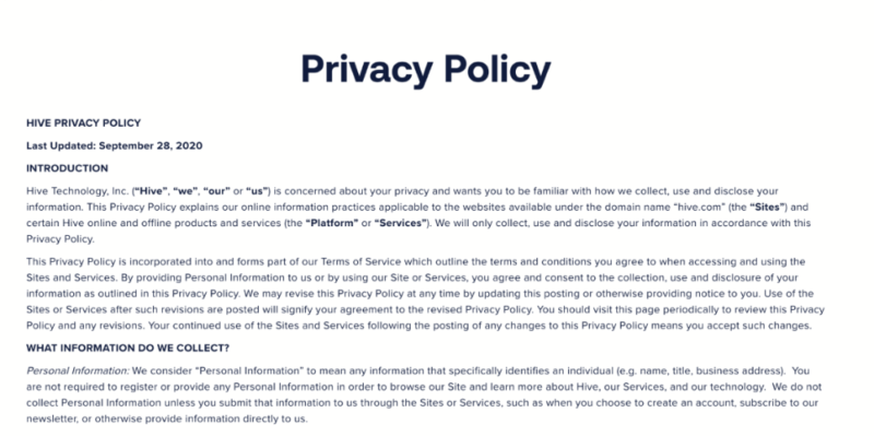 hive privacy policy