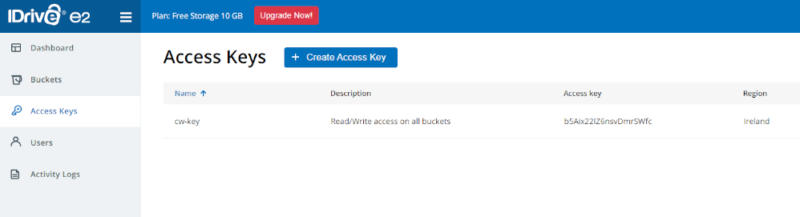 access key cloud backup space
