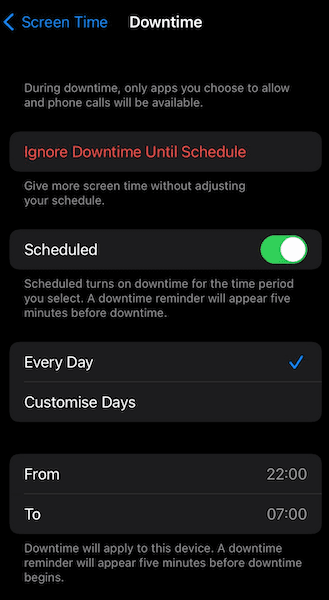 screen time downtime schedule