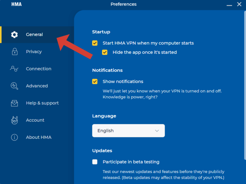 HMA general settings