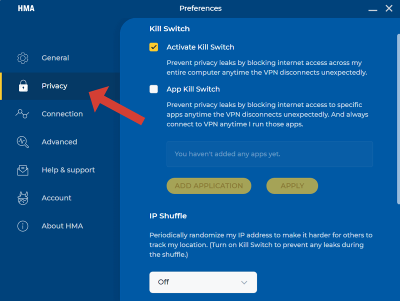 HMA privacy settings