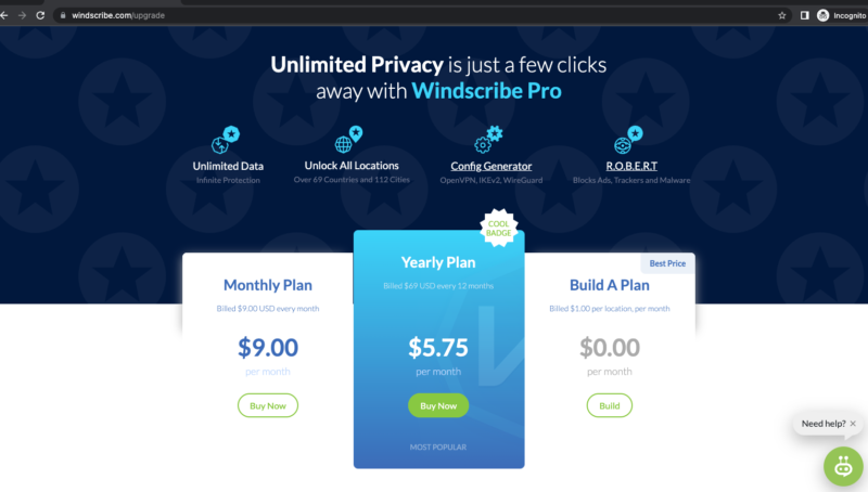 Windscribe updated pricing page