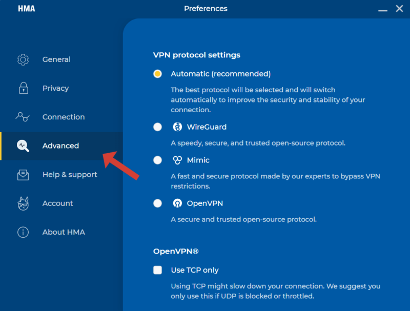 HMA advanced settings