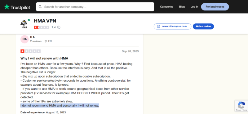 hma trustpilot review