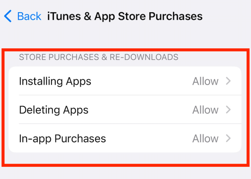 install delete purchase apps dont allow
