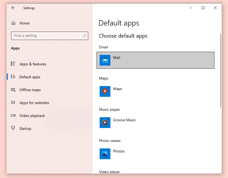 Windows settings default apps tab