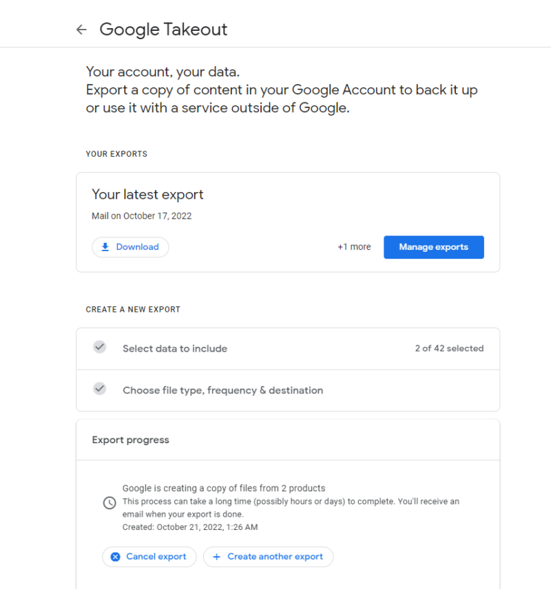 Google takeout exporting
