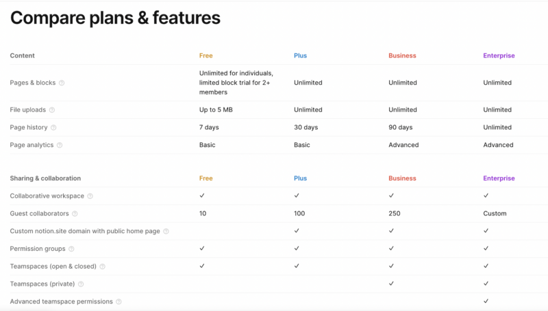 notion features pricing options