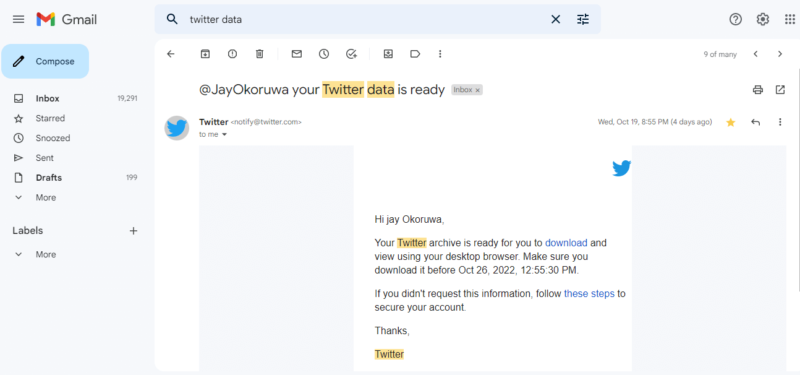 twitter backup archive email