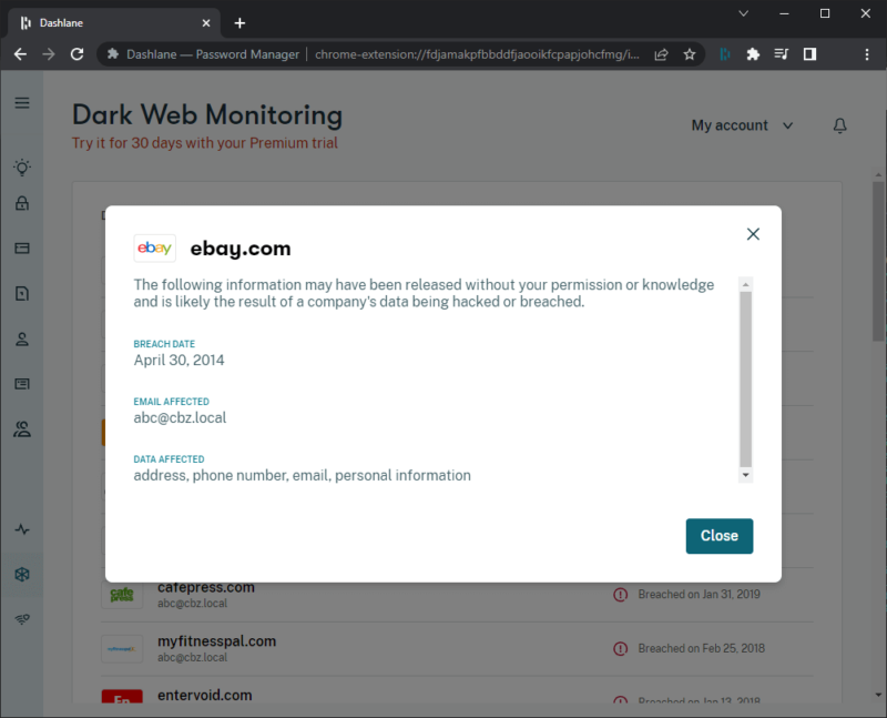 dashlane dark web monitoring details