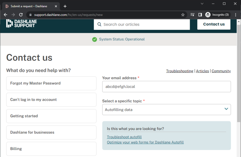 dashlane submit help request