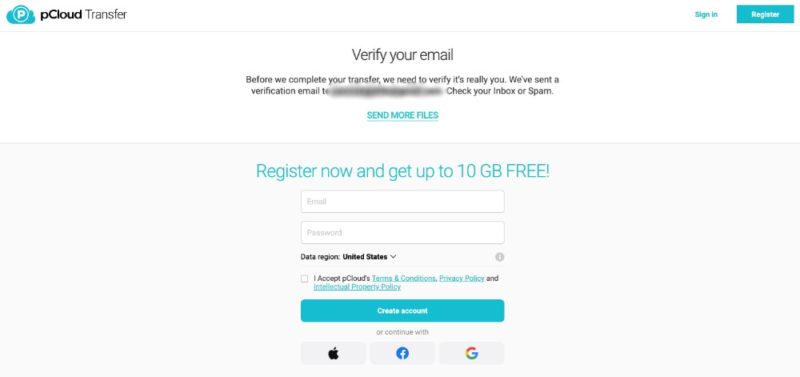 pcloud transfer email verify