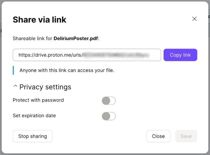 proton drive file share options