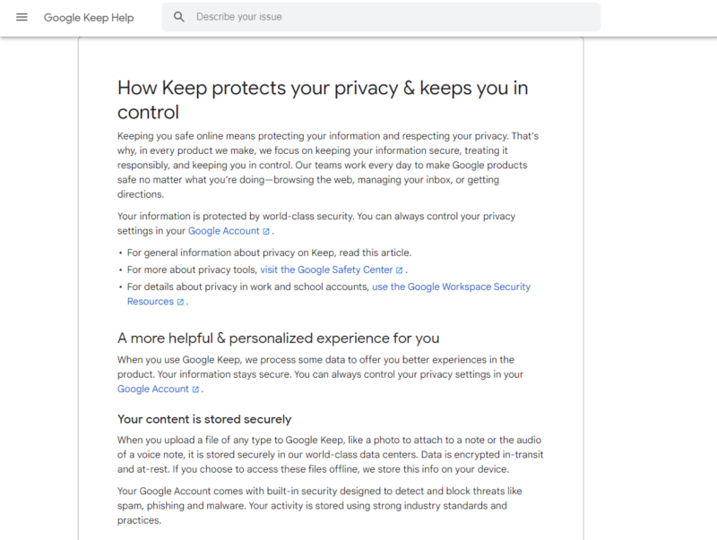 Google keep privacy