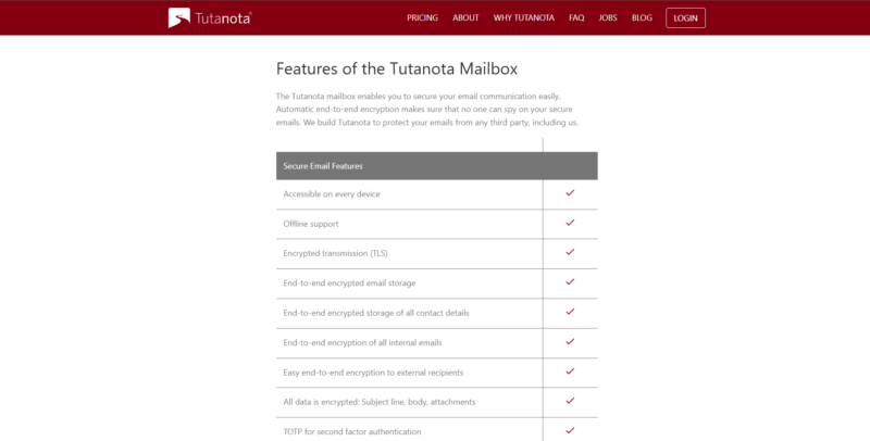 Tutanota mailbox features