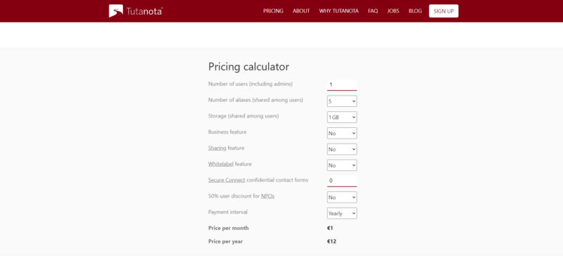 Tutanota pricing calculator