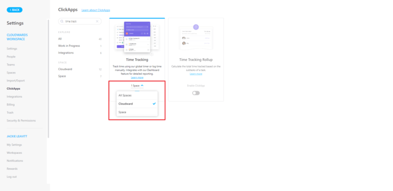 enabling time tracker for individual workspaces