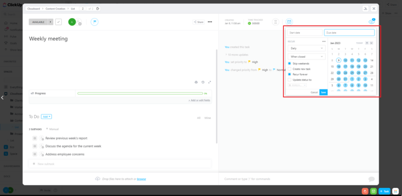 setting recurring options