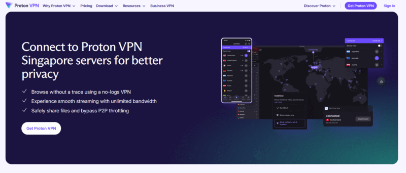 ProtonVPN Singapore homepage