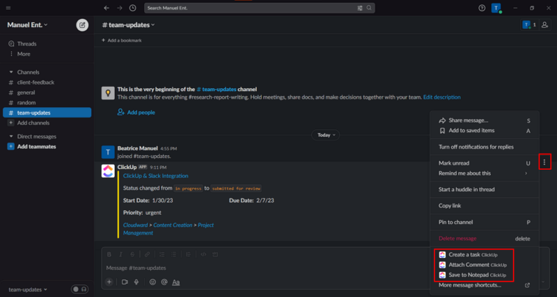 clickup actions in slack