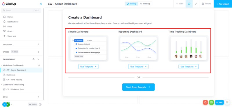 creating a dashboard with template