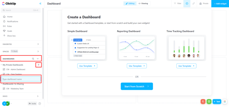 creating and naming a new dashboard