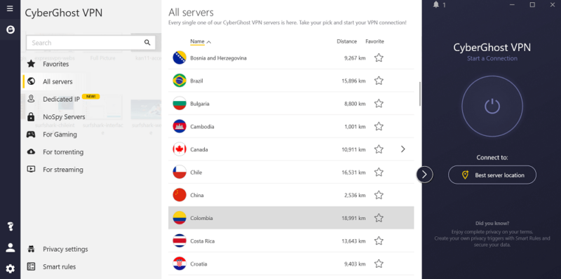 cyberghost colombia interface